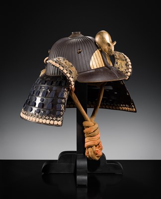 A LACQUERED RUSSET-IRON SUJIBACHI KABUTO WITH ‘DAIKOKU’S RAT’ MAEDATE