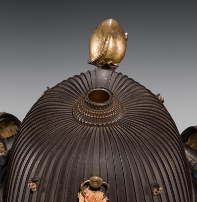 A LACQUERED RUSSET-IRON SUJIBACHI KABUTO WITH ‘DAIKOKU’S RAT’ MAEDATE