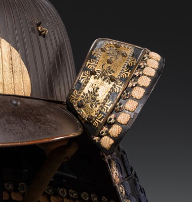 A LACQUERED RUSSET-IRON SUJIBACHI KABUTO WITH ‘DAIKOKU’S RAT’ MAEDATE