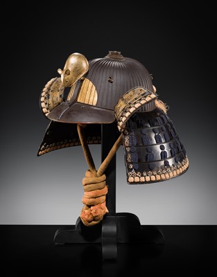 A LACQUERED RUSSET-IRON SUJIBACHI KABUTO WITH ‘DAIKOKU’S RAT’ MAEDATE