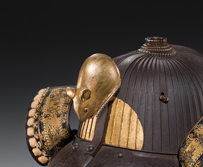 A LACQUERED RUSSET-IRON SUJIBACHI KABUTO WITH ‘DAIKOKU’S RAT’ MAEDATE
