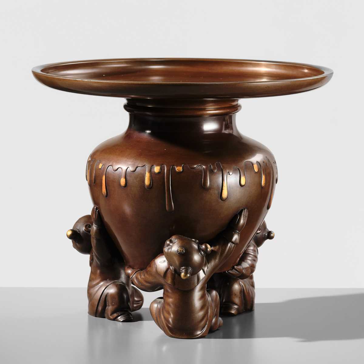 Lot 11 - A LARGE TWO-PART BRONZE USUBATA VASE WITH KARAKO BOYS