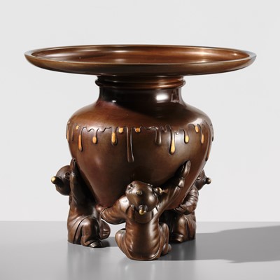 Lot 11 - A LARGE TWO-PART BRONZE USUBATA VASE WITH KARAKO BOYS