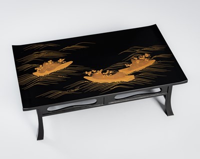 Lot 157 - ZOHIKO: AN ELEGANT LACQUER BUNDAI (WRITING TABLE) DEPICTING BOATS