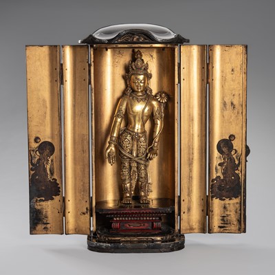 Lot 737 - A LACQUER WOOD ZUSHI (PORTABLE SHRINE) CONTAINING AN INLAID GILT-BRONZE FIGURE OF PADMAPANI