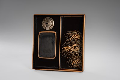 Lot 152 - OGATA KORIN: A RINPA-STYLE INLAID LACQUER SUZURIBAKO WITH FANS AND REEDS