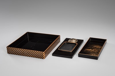 Lot 152 - OGATA KORIN: A RINPA-STYLE INLAID LACQUER SUZURIBAKO WITH FANS AND REEDS