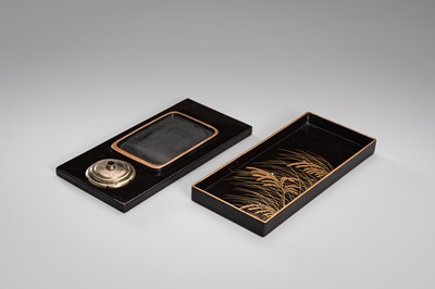 Lot 152 - OGATA KORIN: A RINPA-STYLE INLAID LACQUER SUZURIBAKO WITH FANS AND REEDS