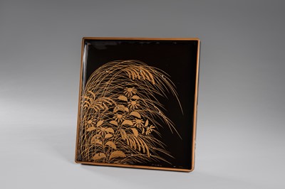 Lot 152 - OGATA KORIN: A RINPA-STYLE INLAID LACQUER SUZURIBAKO WITH FANS AND REEDS