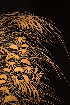 Lot 152 - OGATA KORIN: A RINPA-STYLE INLAID LACQUER SUZURIBAKO WITH FANS AND REEDS