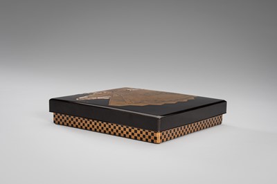 Lot 152 - OGATA KORIN: A RINPA-STYLE INLAID LACQUER SUZURIBAKO WITH FANS AND REEDS