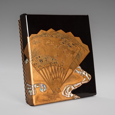 Lot 152 - OGATA KORIN: A RINPA-STYLE INLAID LACQUER SUZURIBAKO WITH FANS AND REEDS