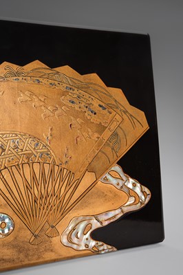 Lot 152 - OGATA KORIN: A RINPA-STYLE INLAID LACQUER SUZURIBAKO WITH FANS AND REEDS