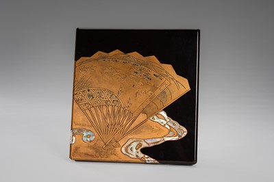 Lot 152 - OGATA KORIN: A RINPA-STYLE INLAID LACQUER SUZURIBAKO WITH FANS AND REEDS