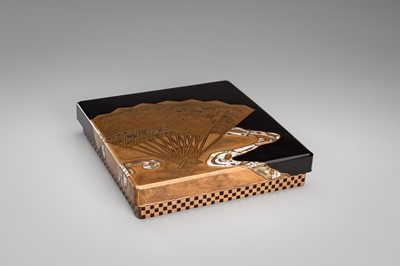 Lot 152 - OGATA KORIN: A RINPA-STYLE INLAID LACQUER SUZURIBAKO WITH FANS AND REEDS
