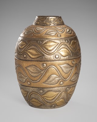 Lot 53 - A REPOUSSE COPPER-ALLOY VASE WITH GILT AND SILVER TENDRILS
