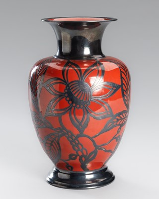 Lot 54 - A PEWTER-INLAID VASE WITH BLOSSOMS