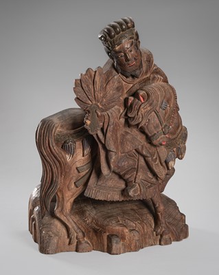 Lot 89 - A RARE WOOD FIGURE OF SHORI KEN WITH HIS FEATHER FAN ON HORSEBACK