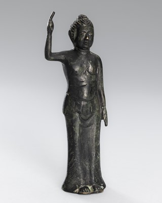 Lot 74 - A BRONZE FIGURE OF THE INFANT BUDDHA IN AN IRON SHRINE