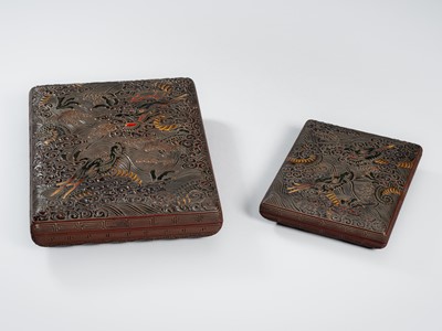 Lot 153 - A MATCHING SET OF A LARGE LACQUER RYOSHIBAKO (DOCUMENT BOX) AND SUZURIBAKO (WRITING BOX) WITH DRAGONS
