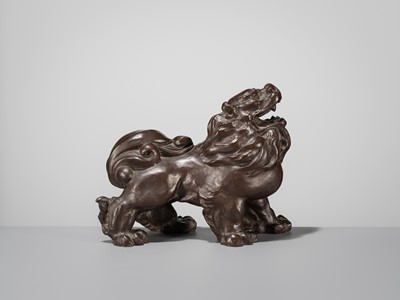 Lot 42 - SUKENOJO TERAHATA: A BRONZE OKIMONO OF A ROARING SHISHI