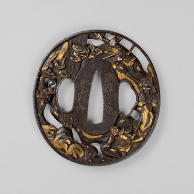 Lot 1832 - A SOTEN SCHOOL IRON TSUBA WITH WARRIORS