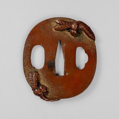 Lot 1837 - JOCHIKU: A KINKO COPPER TSUBA WITH TOMBO (DRAGONFLY)