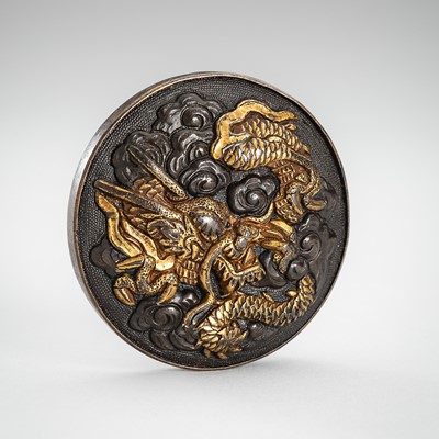Lot 1716 - A MIXED METAL KAGAMIBUTA NETSUKE WITH A DRAGON