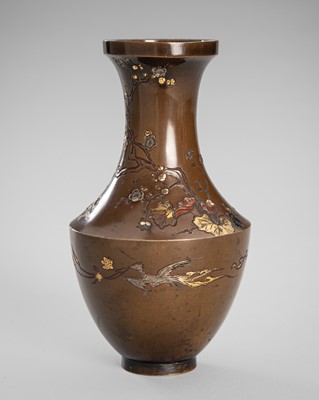 Lot 14 - INOUE: A FINE BRONZE VASE DEPICTING BIRDS AND CHERRY BLOSSOM
