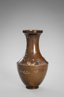 Lot 14 - INOUE: A FINE BRONZE VASE DEPICTING BIRDS AND CHERRY BLOSSOM