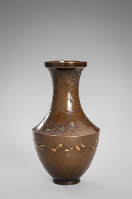 Lot 14 - INOUE: A FINE BRONZE VASE DEPICTING BIRDS AND CHERRY BLOSSOM