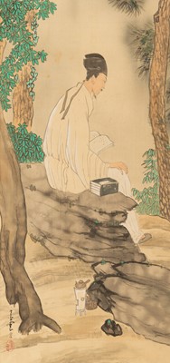 Lot 840 - A HANGING SCROLL PAINTING DEPICTING A SCHOLAR IN A LANDSCAPE