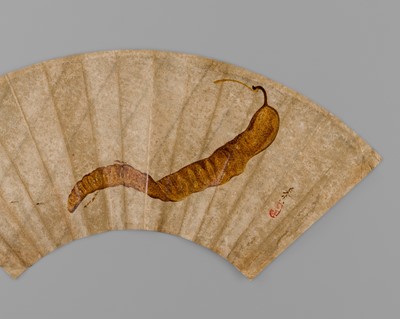 Lot 303 - SHIBATA ZESHIN: A SUPERB URUSHI-E (LACQUER) FAN PAINTING DEPICTING ANTS AND A BEAN POD
