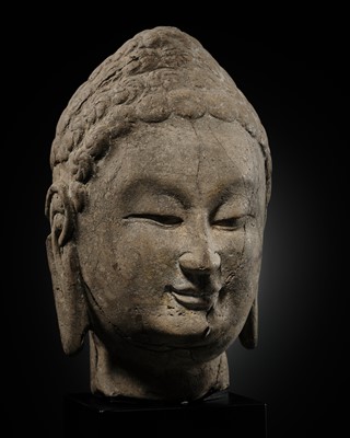 Lot 347 - A GRAY STONE HEAD OF BUDDHA, NORTHERN QI DYNASTY