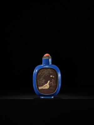 A SLIP-DECORATED AND ENAMELED ‘DOVES AND PEKINGESE DOG’ SNUFF BOTTLE, YIXING, 1820-1850