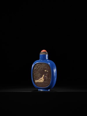A SLIP-DECORATED AND ENAMELED ‘DOVES AND PEKINGESE DOG’ SNUFF BOTTLE, YIXING, 1820-1850