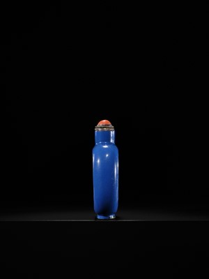 A SLIP-DECORATED AND ENAMELED ‘DOVES AND PEKINGESE DOG’ SNUFF BOTTLE, YIXING, 1820-1850