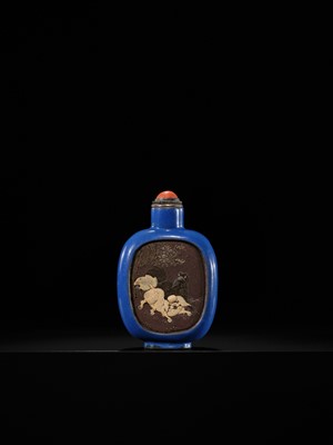 A SLIP-DECORATED AND ENAMELED ‘DOVES AND PEKINGESE DOG’ SNUFF BOTTLE, YIXING, 1820-1850