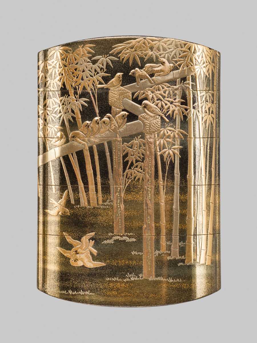 Lot 21 - YOYUSAI: A FINE FOUR-CASE GOLD LACQUER INRO DEPICTING SPARROWS AND BAMBOO