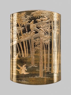 Lot 21 - YOYUSAI: A FINE FOUR-CASE GOLD LACQUER INRO DEPICTING SPARROWS AND BAMBOO