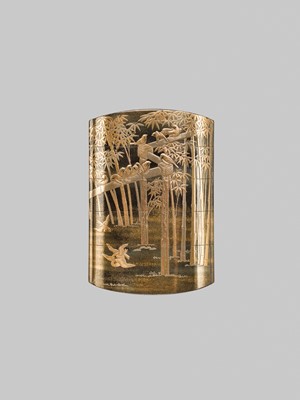 Lot 21 - YOYUSAI: A FINE FOUR-CASE GOLD LACQUER INRO DEPICTING SPARROWS AND BAMBOO