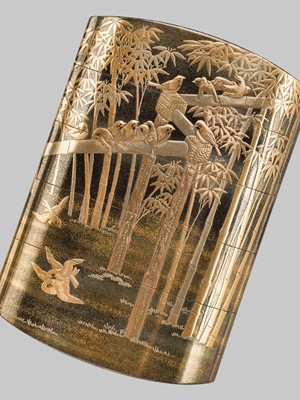 Lot 21 - YOYUSAI: A FINE FOUR-CASE GOLD LACQUER INRO DEPICTING SPARROWS AND BAMBOO