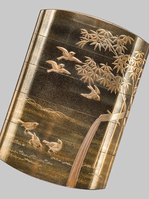 Lot 21 - YOYUSAI: A FINE FOUR-CASE GOLD LACQUER INRO DEPICTING SPARROWS AND BAMBOO