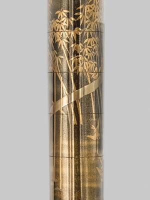 Lot 21 - YOYUSAI: A FINE FOUR-CASE GOLD LACQUER INRO DEPICTING SPARROWS AND BAMBOO