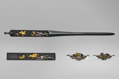 A GOLD AND SHAKUDO NANAKO ‘OSHIDORI’ MITOKOROMONO SET (KOZUKA, KOGAI, AND PAIR OF MENUKI)