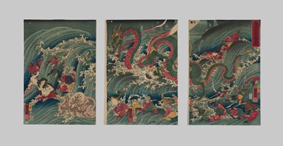 Lot 338 - UTAGAWA KUNIYOSHI: TRIPTYCH OF TAMATORI-HIME AT THE RYUGU PALACE