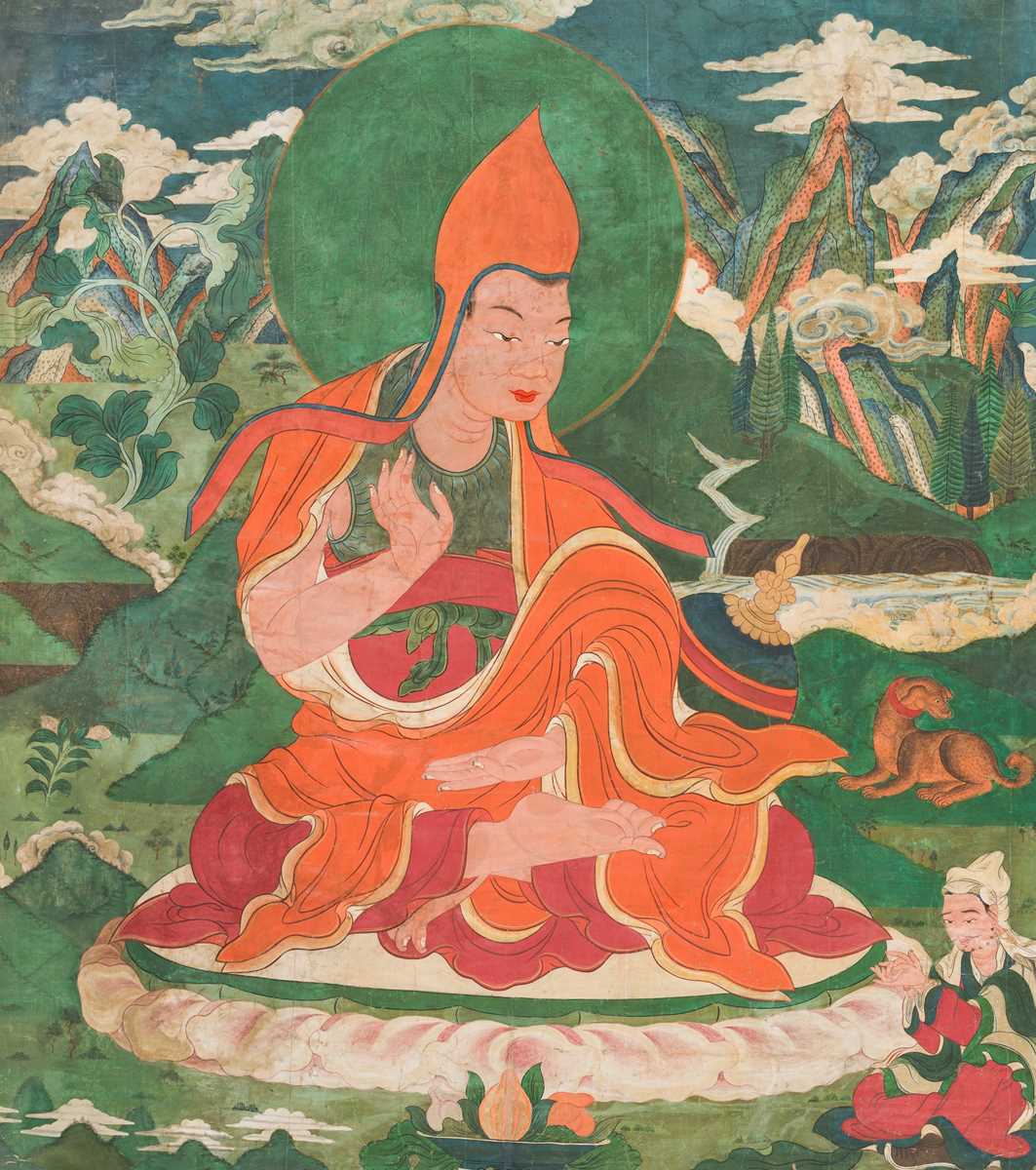 Lot 44 - A MONUMENTAL THANGKA OF ASANGA, ONE OF THE SIX ORNAMENTS AND TWO EXCELLENT ONES FROM THE SOUTHERN CONTINENT, EASTERN TIBET, 18TH-19TH CENTURY