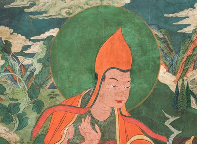 Lot 44 - A MONUMENTAL THANGKA OF ASANGA, ONE OF THE SIX ORNAMENTS AND TWO EXCELLENT ONES FROM THE SOUTHERN CONTINENT, EASTERN TIBET, 18TH-19TH CENTURY