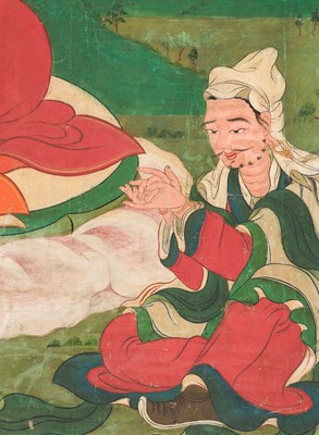 Lot 44 - A MONUMENTAL THANGKA OF ASANGA, ONE OF THE SIX ORNAMENTS AND TWO EXCELLENT ONES FROM THE SOUTHERN CONTINENT, EASTERN TIBET, 18TH-19TH CENTURY