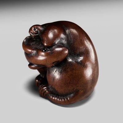 Lot 190 - ICHIMIN: A MASTERFUL WOOD NETSUKE OF A RAT GROOMING ITSELF